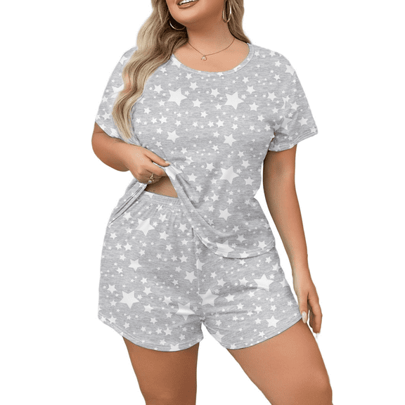 Musefolio Womens Plus Size Abstract Print Pajama Set Short Sleeve Top Shorts Sleepwear 1X-5X
