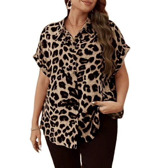 Cuteduck Womens Plus Size Blouses Leopard Print Button Down Loose Fit Casual Short Sleeve Top 1X-5X