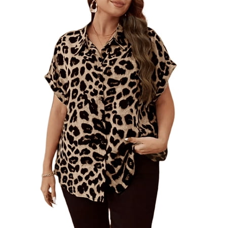 Cuteduck Womens Plus Size Blouses Leopard Print Button Down Loose Fit Casual Short Sleeve Top 1X-5X