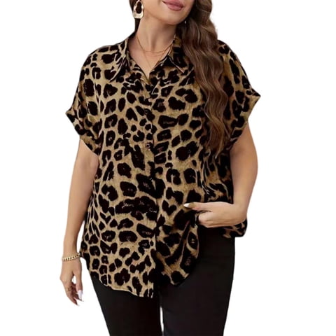 Womens Plus Size Blouses Leopard Print Button Down Loose Fit Casual Short Sleeve Top 1X-5X