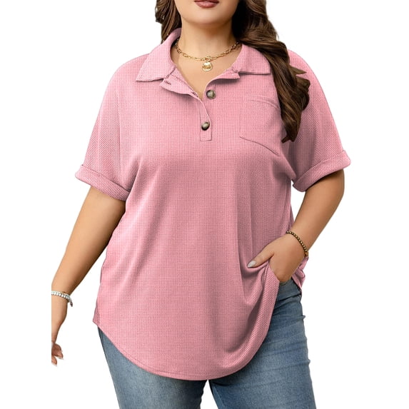 Cuteduck Womens Plus Size Casual Henley Waffle Knit Button-Up Top Short Sleeve Polo Shirt 1X-5X