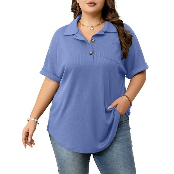 Cuteduck Womens Plus Size Casual Henley Waffle Knit Button-Up Top Short Sleeve Polo Shirt 1X-5X