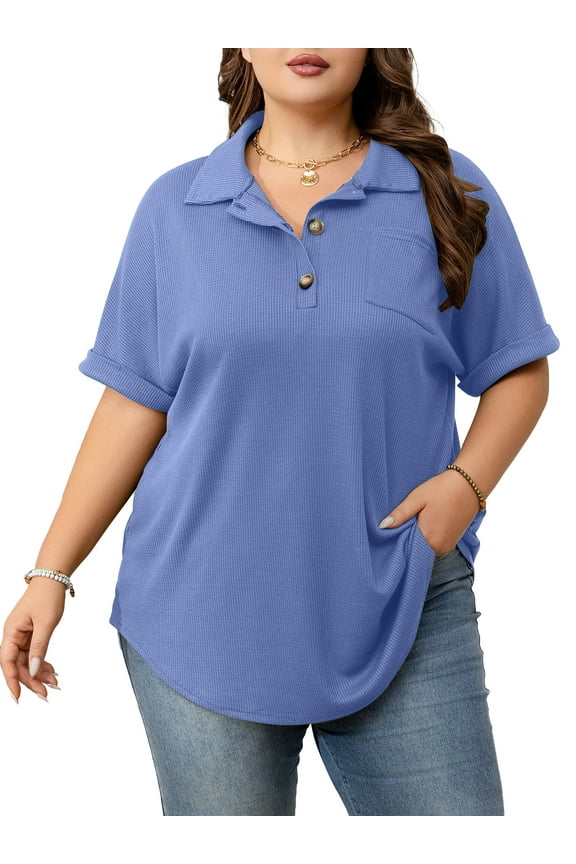 Womens Plus Size Casual Henley Waffle Knit Button-Up Top Short Sleeve Polo Shirt 1X-5X