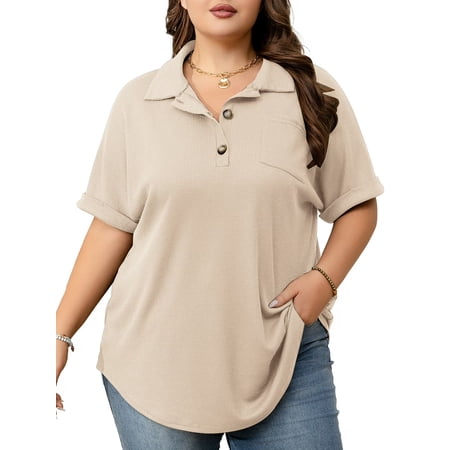 Cuteduck Womens Plus Size Casual Henley Waffle Knit Button-Up Top Short Sleeve Polo Shirt 1X-5X