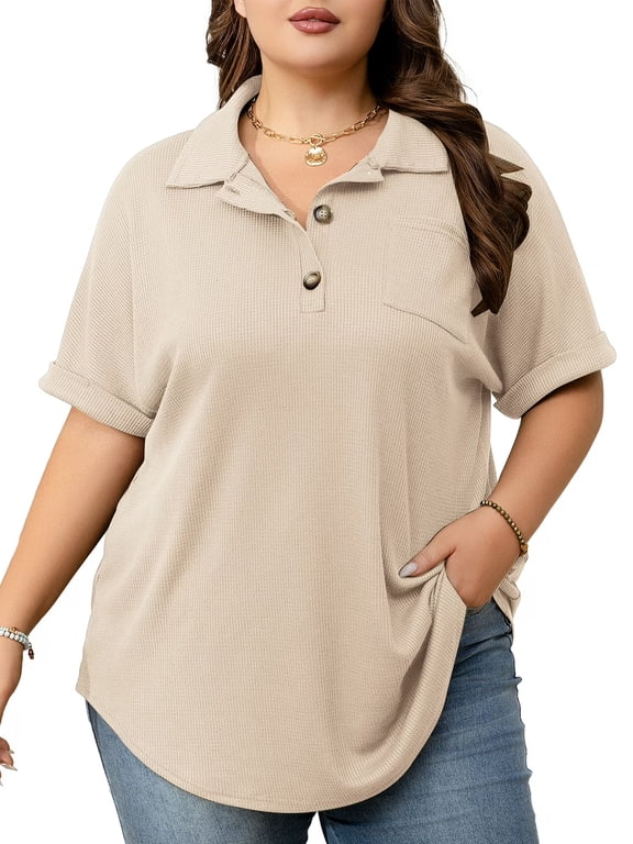 Womens Plus Size Casual Henley Waffle Knit Button-Up Top Short Sleeve Polo Shirt 1X-5X