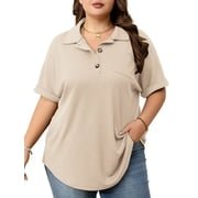 Cuteduck Womens Plus Size Casual Henley Waffle Knit Button-Up Top Short Sleeve Polo Shirt 1X-5X