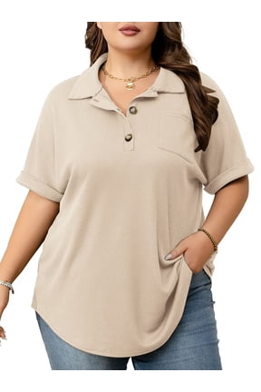 Womens Plus Size Casual Henley Waffle Knit Button-Up Top Short Sleeve Polo Shirt 1X-5X