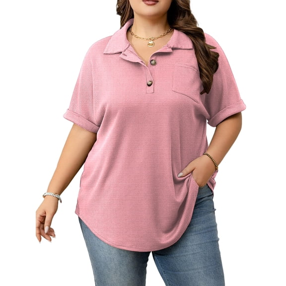 Cuteduck Womens Plus Size Casual Henley Waffle Knit Button-Up Top Short Sleeve Polo Shirt 1X-5X