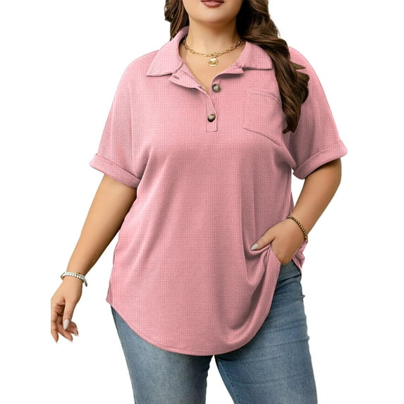 Cuteduck Womens Plus Size Casual Henley Waffle Knit Button-Up Top Short Sleeve Polo Shirt 1X-5X