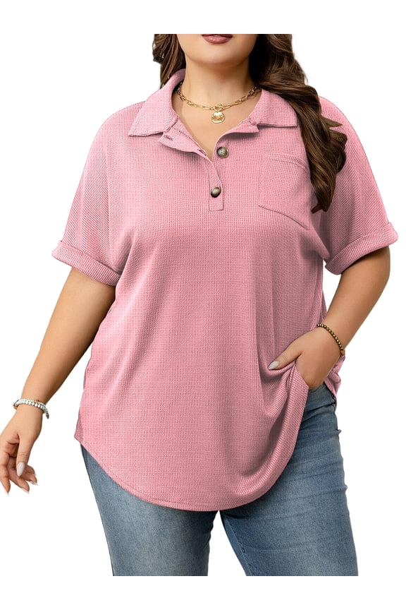 Womens Plus Size Casual Henley Waffle Knit Button-Up Top Short Sleeve Polo Shirt 1X-5X