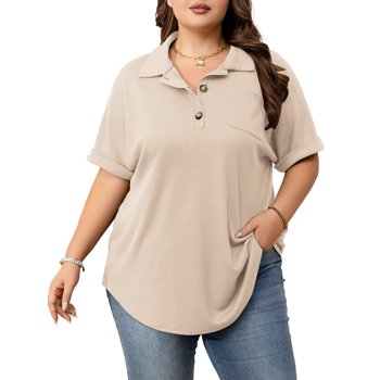 Cuteduck Womens Plus Size Casual Henley Waffle Knit Button-Up Top Short Sleeve Polo Shirt 1X-5X
