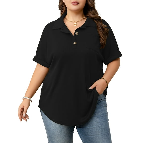 Cuteduck Womens Plus Size Casual Henley Waffle Knit Button-Up Top Short Sleeve Polo Shirt 1X-5X