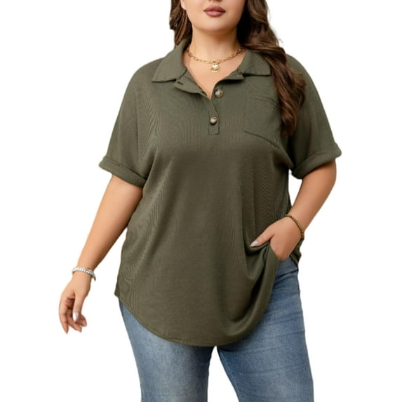 Cuteduck Womens Plus Size Casual Henley Waffle Knit Button-Up Top Short Sleeve Polo Shirt 1X-5X