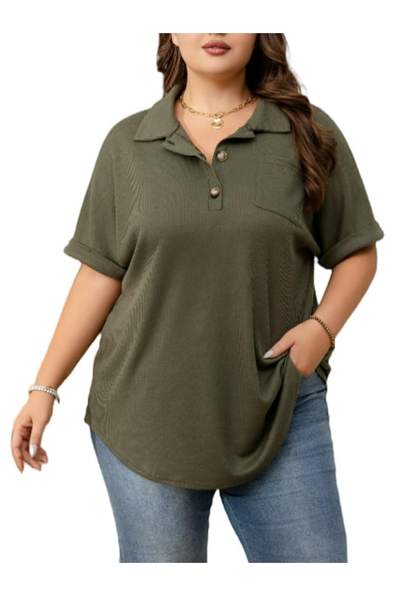 Womens Plus Size Casual Henley Waffle Knit Button-Up Top Short Sleeve Polo Shirt 1X-5X