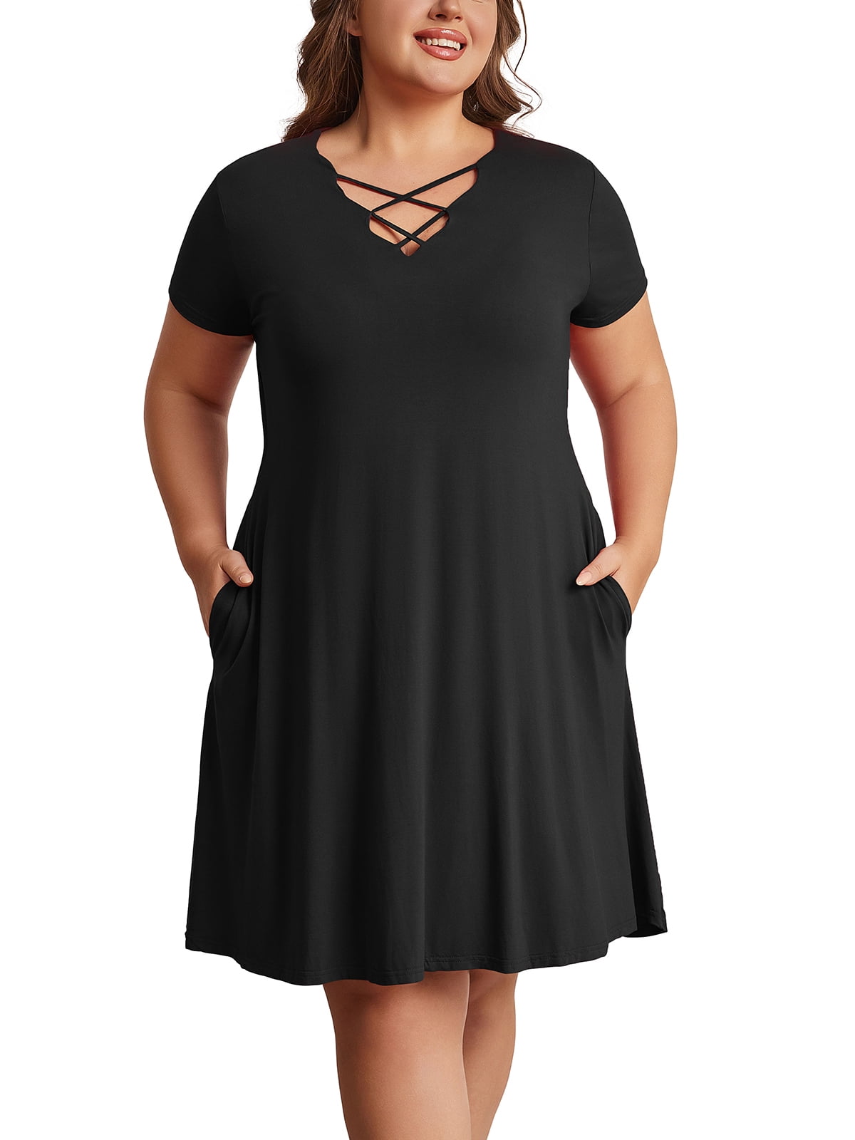 Cuteduck Womens Plus Size Dress Criss Cross V Neck Short Sleeve Summer ...