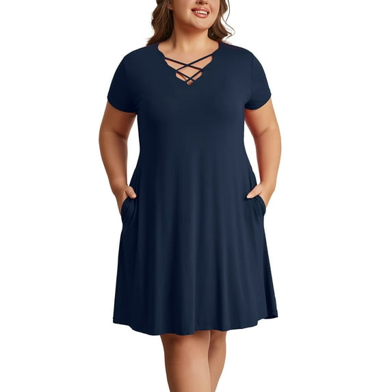 Cuteduck Womens Plus Size Dress Criss Cross V Neck Short Sleeve Summer Casual Dress 1X-5X