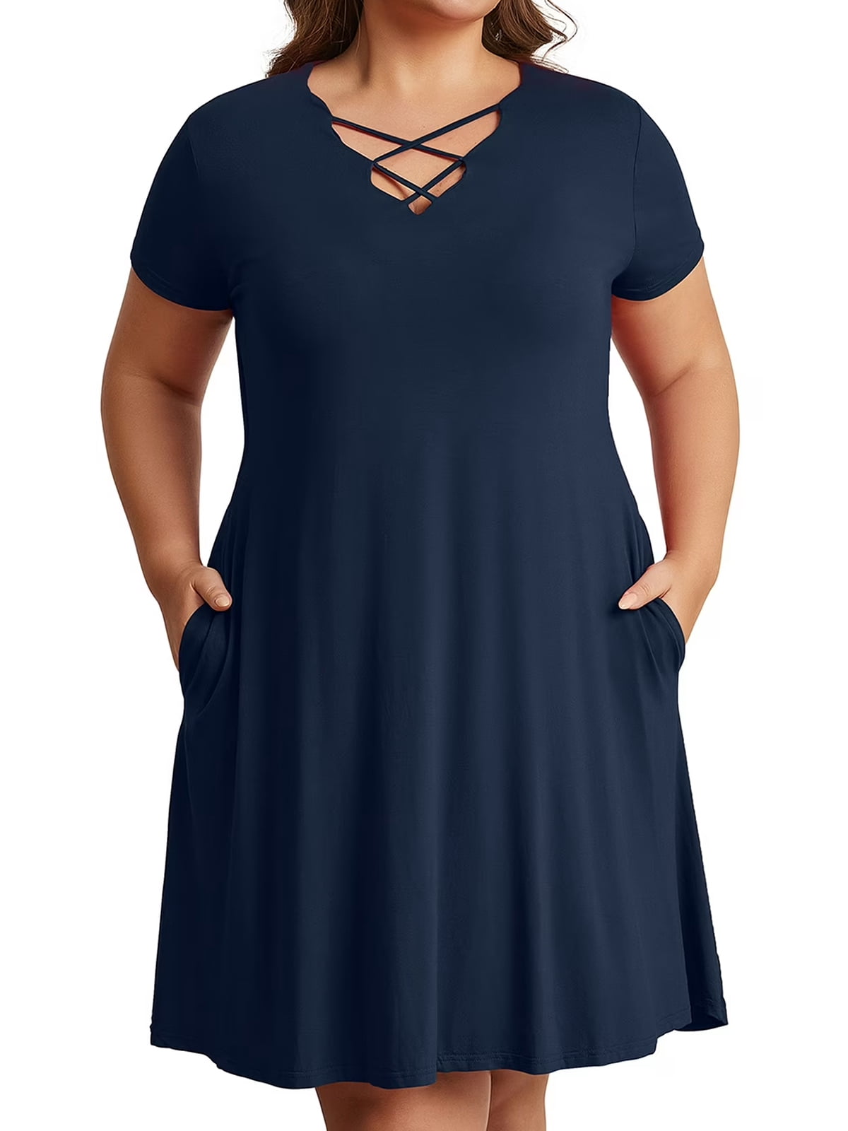 Cuteduck Womens Plus Size Dress Criss Cross V Neck Short Sleeve Summer ...