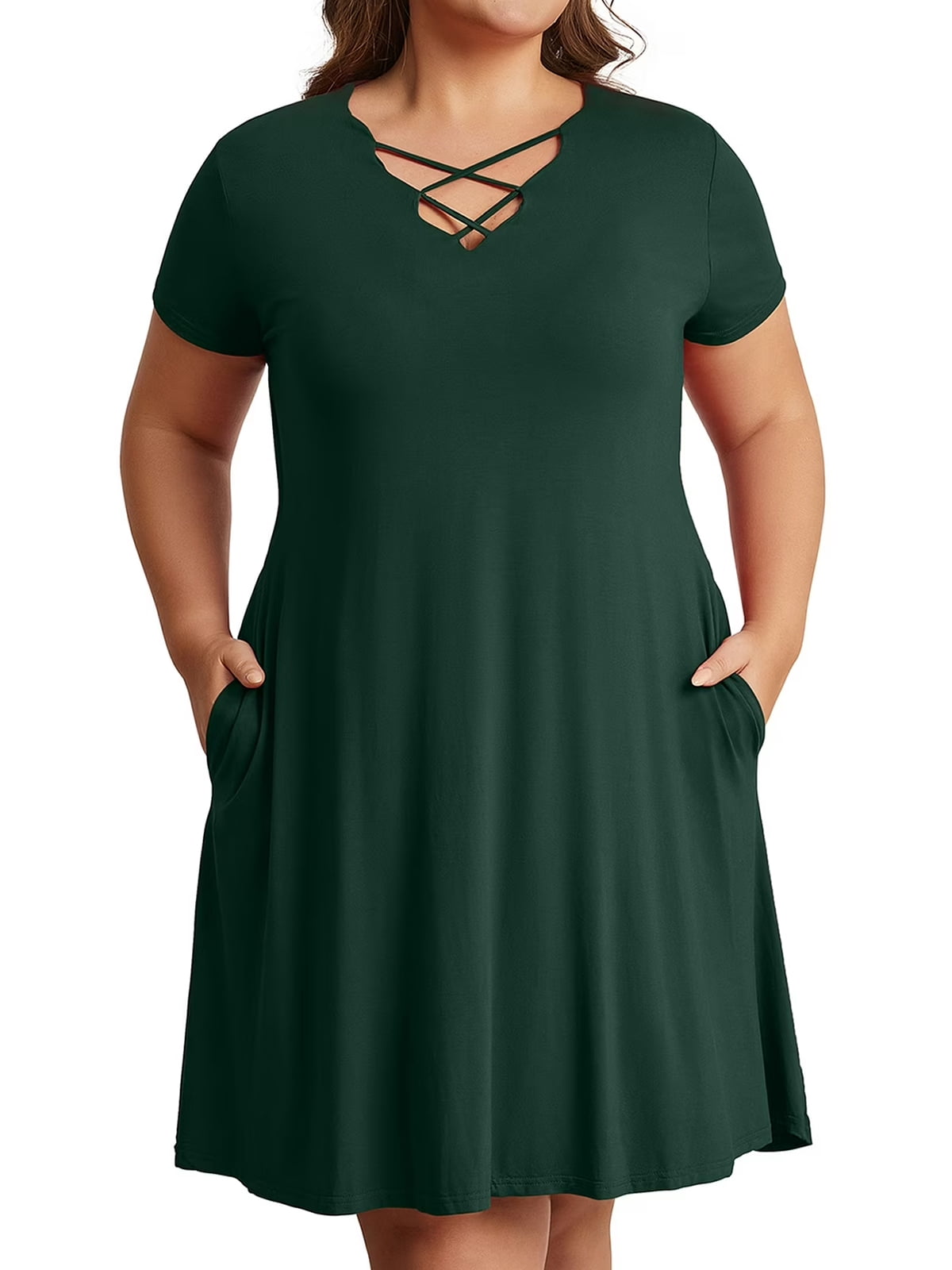 Cuteduck Womens Plus Size Dress Criss Cross V Neck Short Sleeve Summer ...