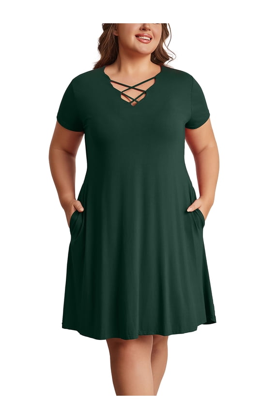 Womens Plus Size Dress Criss Cross V Neck Short Sleeve Summer Casual Dress 1X-5X