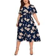 Cuteduck Womens Plus Size Dress V-Neck Floral Slit Elegant Plus Size Midi Dress 1X-4X