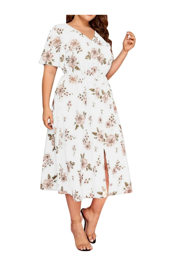 Women's summer casual plus-size Bohemian-style swing wrap dress with floral prints, V-neck and cinched waist, flowing and elegant mid-length dress 1X-5X