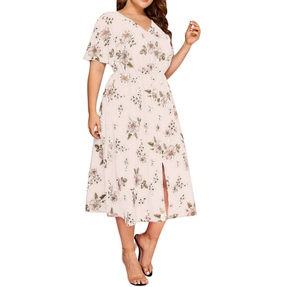 Cuteduck Women's summer casual plus-size Bohemian-style swing wrap dress with floral prints, V-neck and cinched waist, flowing and elegant mid-length dress 1X-5X