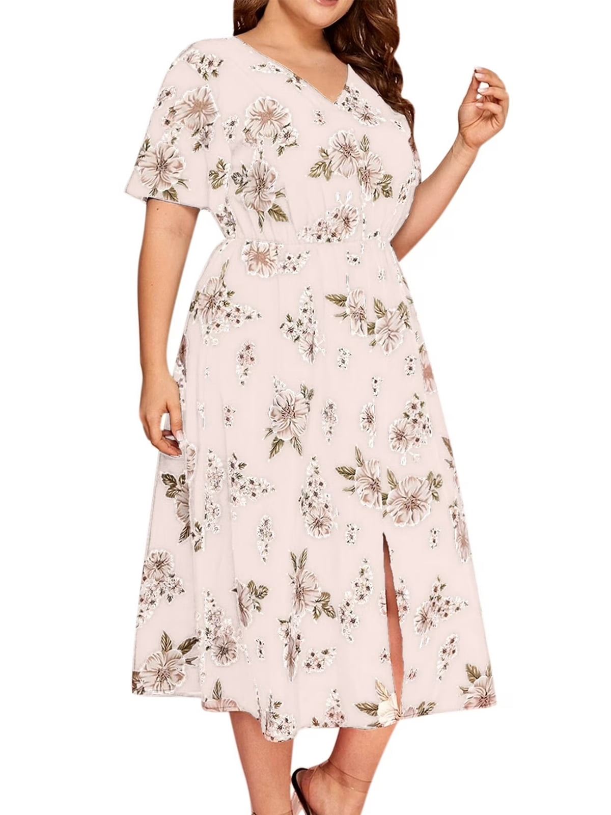 Women's summer casual plus-size Bohemian-style swing wrap dress with floral prints, V-neck and cinched waist, flowing and elegant mid-length dress 1X-5X