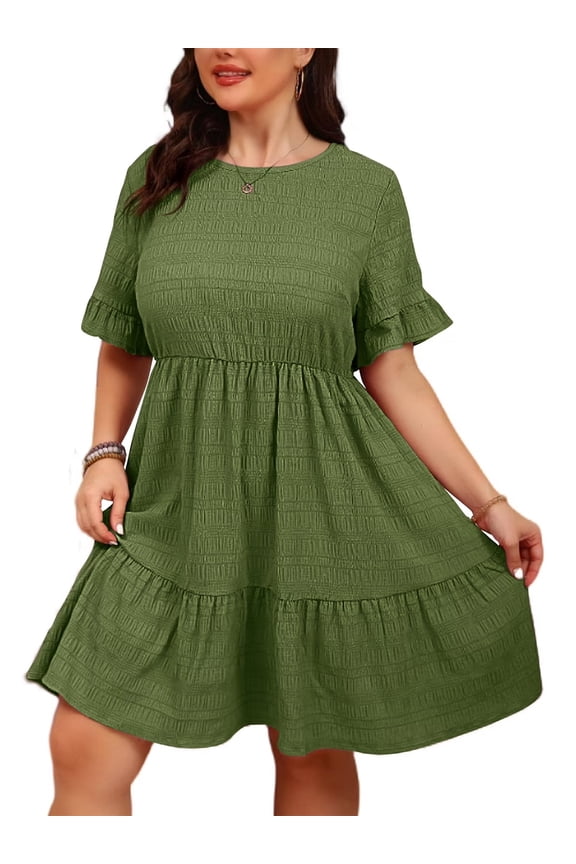 Womens Plus Size Dresses Short Sleeve Ruffle Hem Tiered Textures Babydoll Dress 0X-4X