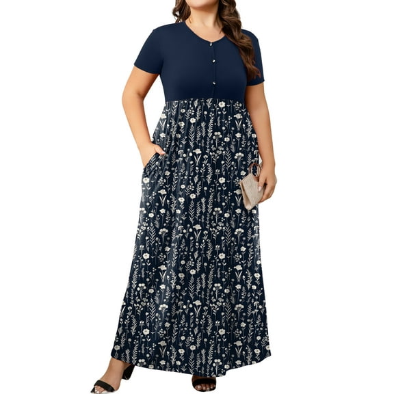 Cuteduck Womens Plus Size Maxi Dress Short Sleeve Floral Print Empire Waist Summer Dress with Pockets 1X-5X