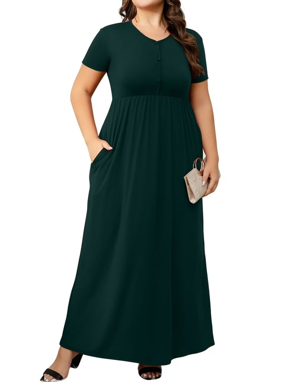 Womens Plus Size Short-Sleeved Solid Color Skirt Short-Sleeved Summer Dress with Pockets 1X - 5X
