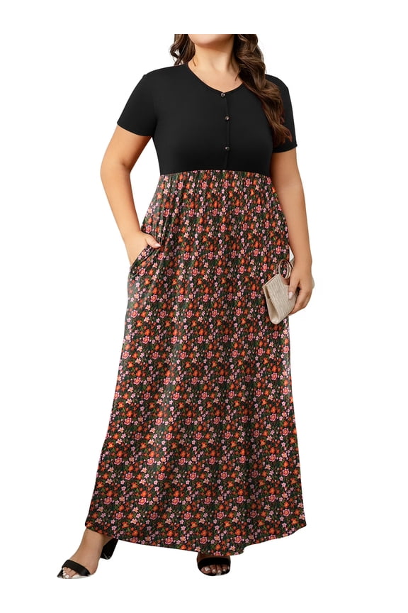 Womens Plus Size Maxi Dress Short Sleeve Floral Print Empire Waist Summer Dress with Pockets 1X-5X