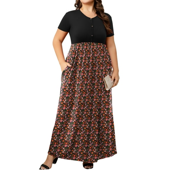 Cuteduck Womens Plus Size Maxi Dress Short Sleeve Floral Print Empire Waist Summer Dress with Pockets 1X-5X