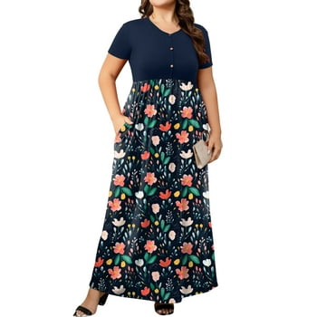Cuteduck Womens Plus Size Maxi Dress Short Sleeve Floral Print Empire Waist Summer Dress with Pockets 1X-5X