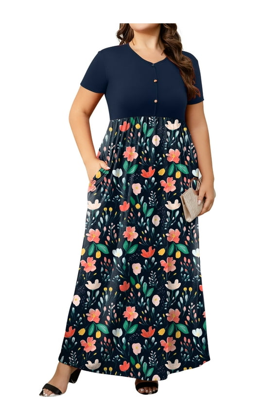 Womens Plus Size Maxi Dress Short Sleeve Floral Print Empire Waist Summer Dress with Pockets 1X-5X