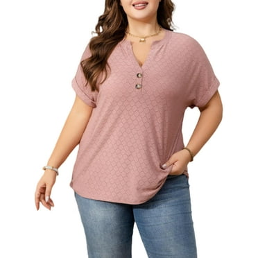 Cuteduck Womens Plus Size Short Sleeve Henley V-Neck Button Top Lace Textured Blouse 1X-5X