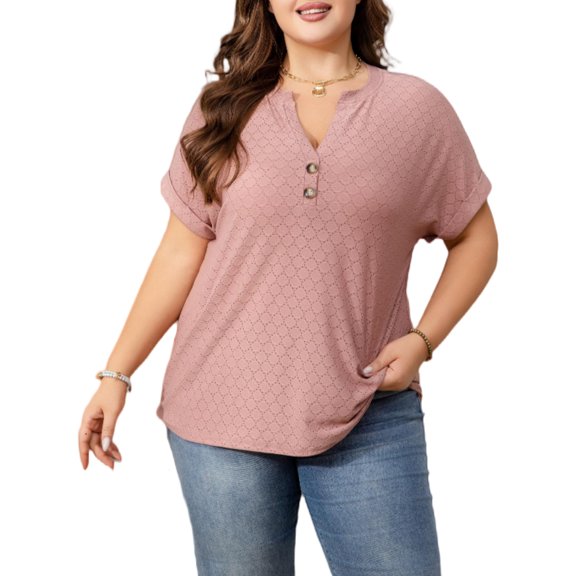 Cuteduck Womens Plus Size Short Sleeve Henley V-Neck Button Top Lace Textured Blouse 1X-5X