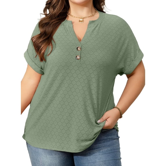 Cuteduck Womens Plus Size Short Sleeve Henley V-Neck Button Top Lace Textured Blouse 1X-5X