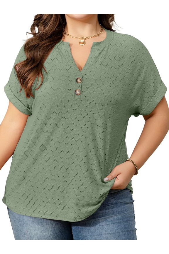 Womens Plus Size Short Sleeve Henley V-Neck Button Top Lace Textured Blouse 1X-5X
