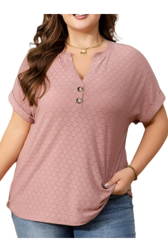 Womens Plus Size Short Sleeve Henley V-Neck Button Top Lace Textured Blouse 1X-5X
