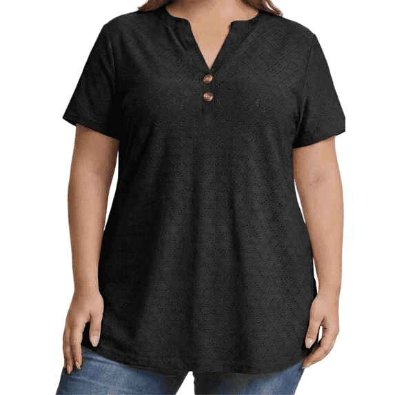 Cuteduck Womens Plus Size Short Sleeve Henley V-Neck Button Top Lace Textured Blouse 1X-5X