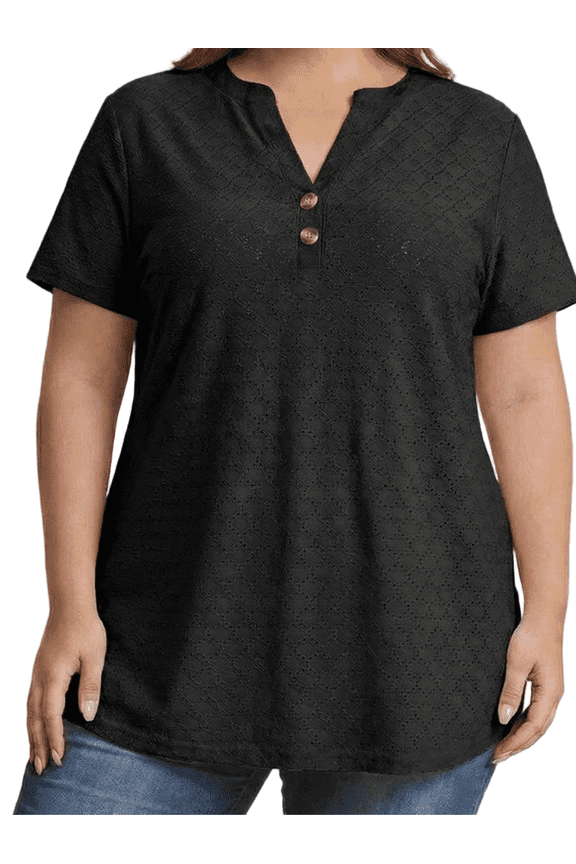 Womens Plus Size Short Sleeve Henley V-Neck Button Top Lace Textured Blouse 1X-5X