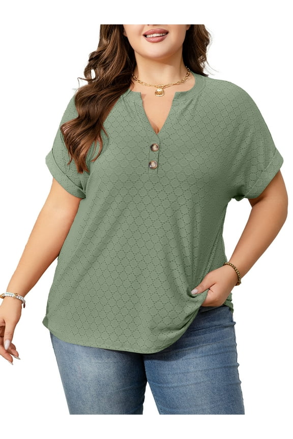 Womens Plus Size Short Sleeve Henley V-Neck Button Top Lace Textured Blouse 1X-5X