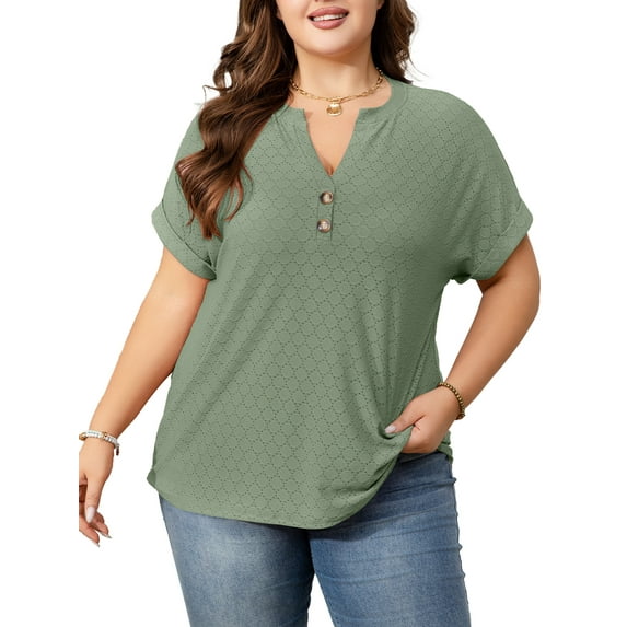 Cuteduck Womens Plus Size Short Sleeve Henley V-Neck Button Top Lace Textured Blouse 1X-5X