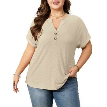 Cuteduck Womens Plus Size Short Sleeve Henley V-Neck Button Top Lace Textured Blouse 1X-5X