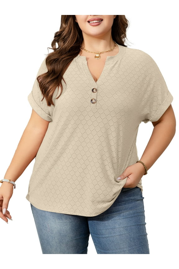 Womens Plus Size Short Sleeve Henley V-Neck Button Top Lace Textured Blouse 1X-5X