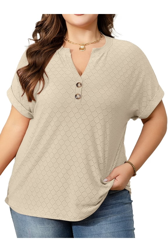 Womens Plus Size Short Sleeve Henley V-Neck Button Top Lace Textured Blouse 1X-5X