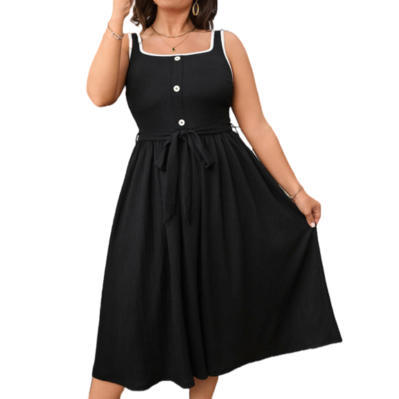 Musefolio Womens Plus Size Sleeveless Button Up Dress Casual Elegant Flowy Midi Dress with Adjustable Belt 1X-4X