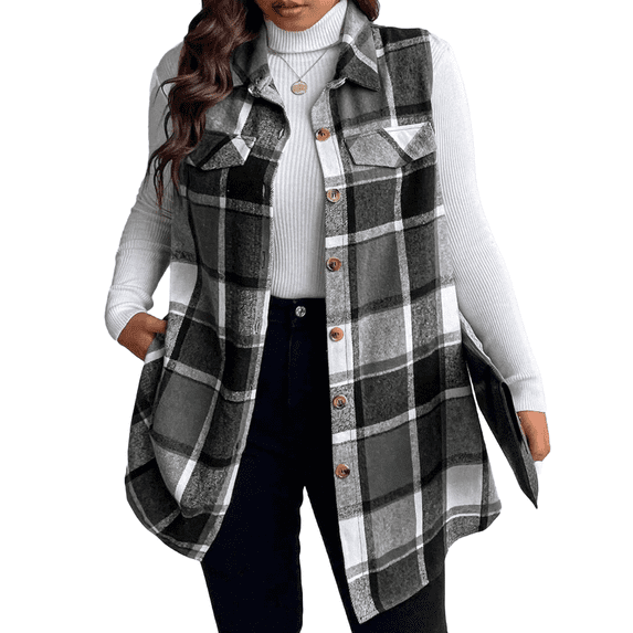 Cuteduck Women's Plus Size Sleeveless Checkered Tunic Vest, Classic Turn-Down Collar 1X-4X