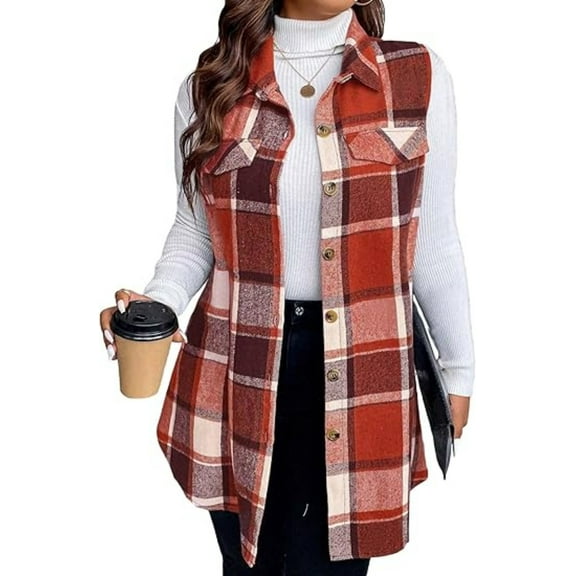 Cuteduck Womens Plus Size Sleeveless Plaid Vest Wool Blazer Jackets Cardigan Outerwear Fall Winter Tops 1X-4X