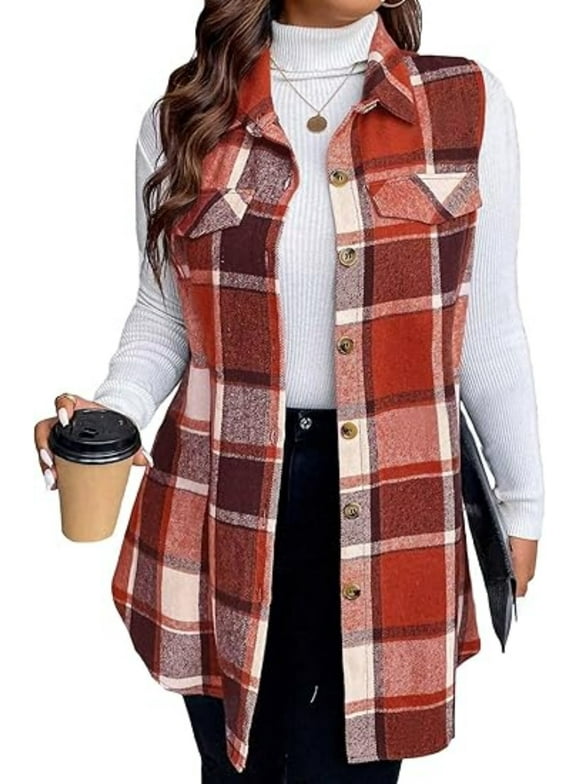 Womens Plus Size Sleeveless Plaid Vest Wool Blazer Jackets Cardigan Outerwear Fall Winter Tops 1X-4X